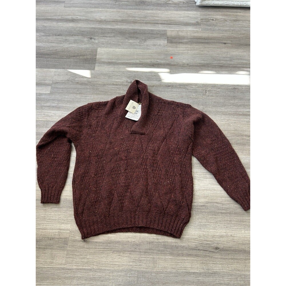 NWT Vtg Glenrie Pure Wool Sweater Shawl Collar Cable Knit Brown UK Mens L Womens